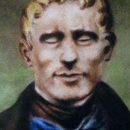 绘画作品：现代盲文系统的发明者、盲人路易斯·布莱叶(Louis Braille)。吴文荧将布莱叶原照中黑色衣领绘成了彩色。